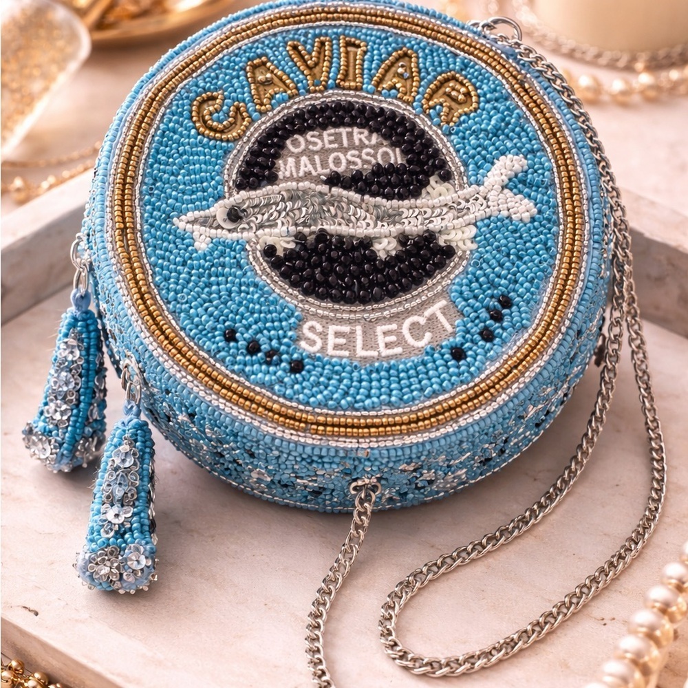 Novelty Hand Beaded Blue Caviar Round Bag